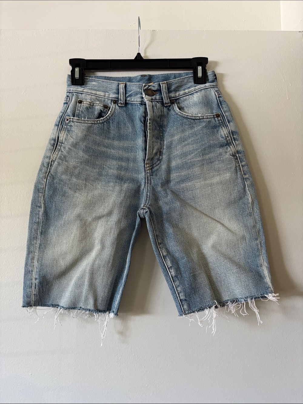 Saint Laurent light blue denim shorts with tan stitching